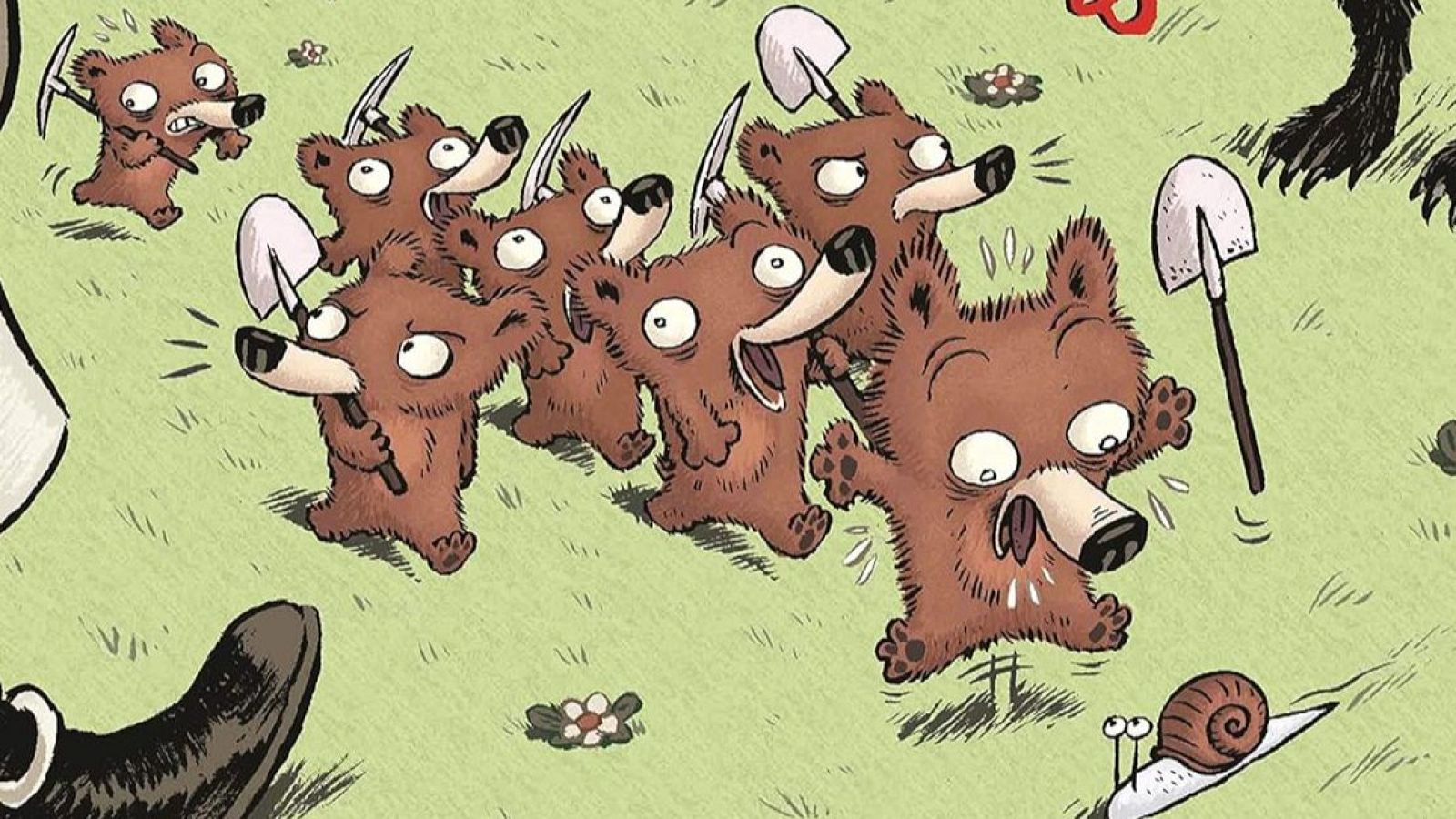 Una viñeta de cómic presenta a siete osos marrones en pánico, corriendo hacia la izquierda, algunos con herramientas. Un caracol observa la escena, mientras que unas grandes patas amenazan desde arriba.