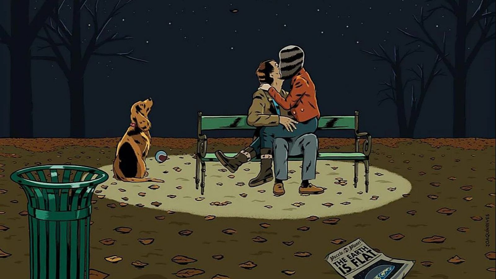 En un parque oscuro, una pareja se besa en un banco. Un perro observa la escena, yace una pelota y un cubo de basura. En el suelo, un periódico con un titular llamativo.