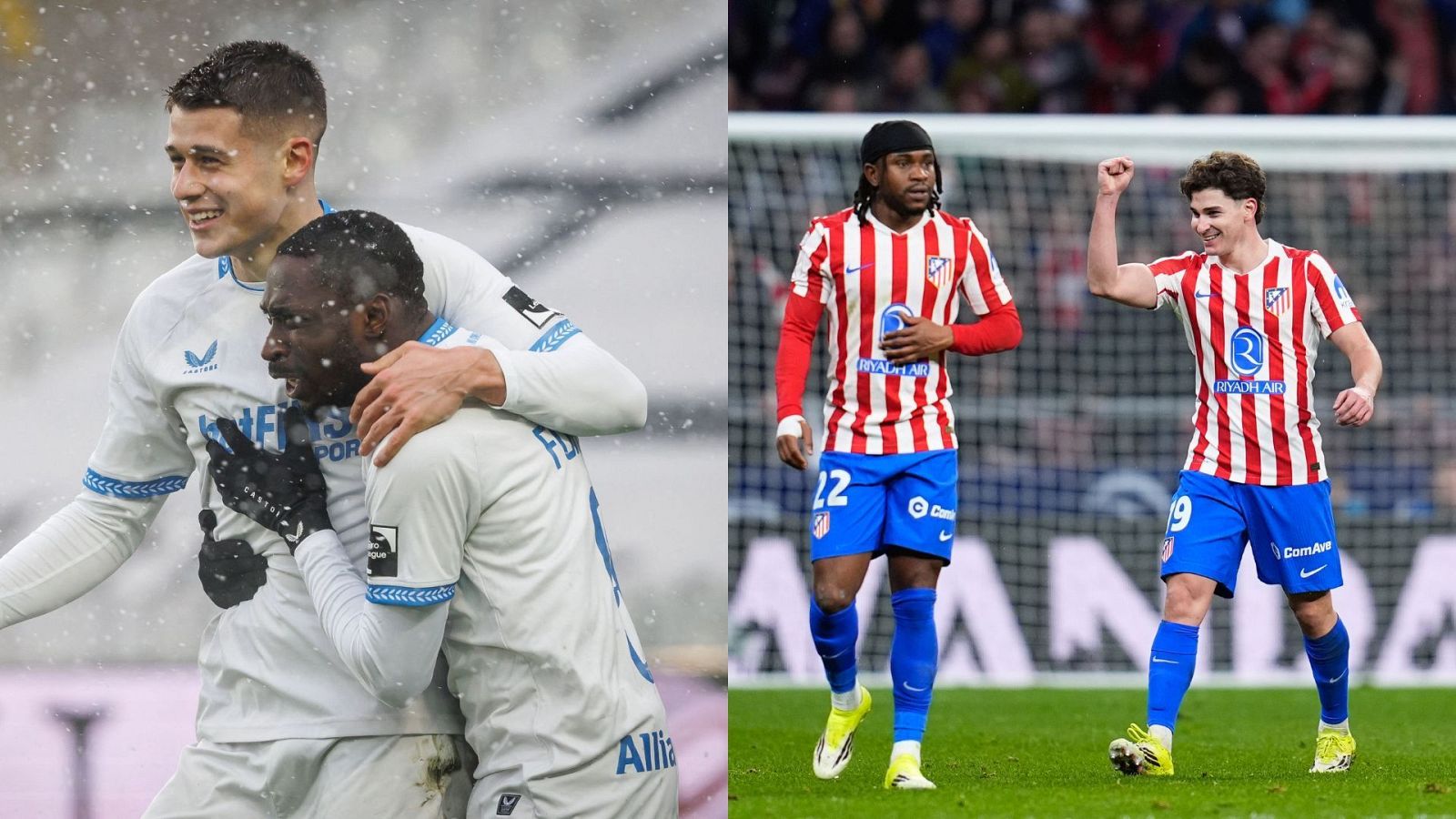 Dos jugadores del Brujas se abrazan en la nieve, mientras que dos jugadores del Atlético de Madrid celebran en un campo de fútbol, uno con el número 22 y otro con el 19 en sus pantalones.