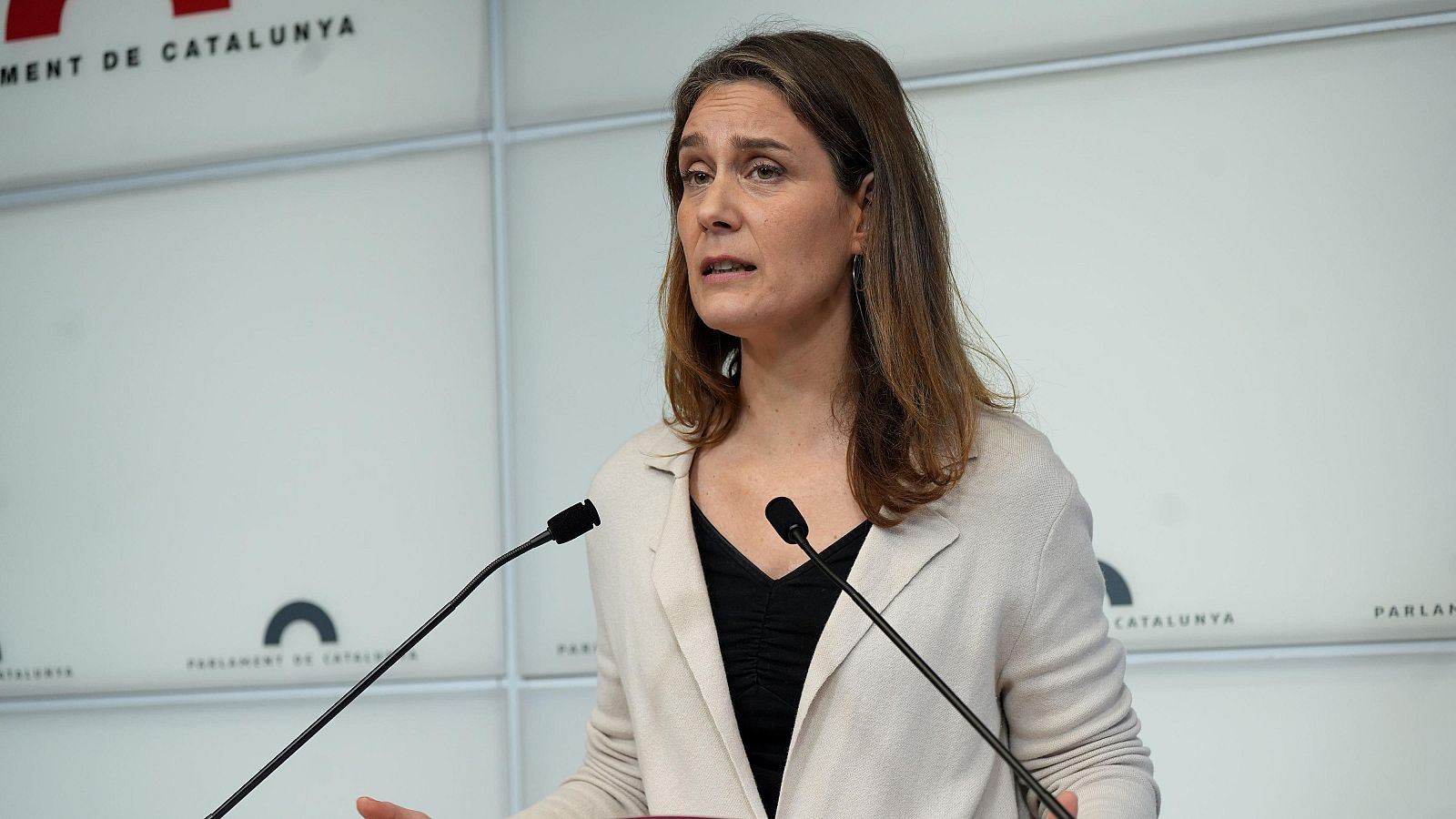 La presidenta dels Comuns al Parlament, Jéssica Albiach, en roda de premsa des del Parlament