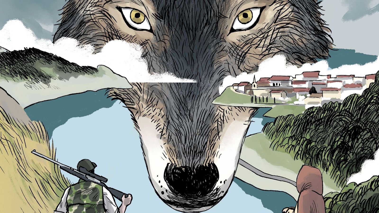 La imagen presenta la portada de un cómic con la cabeza de un lobo como elemento central. En su interior, se distinguen un cazador, una mujer con un niño y un pueblo, todo enmarcado en un paisaje montañoso con un río.