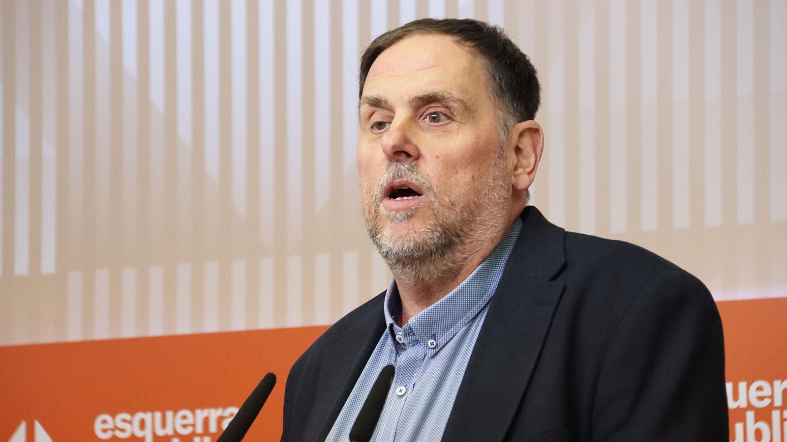 El president d'ERC, Oriol Junqueras, durant una roda de premsa a la seu del partit.