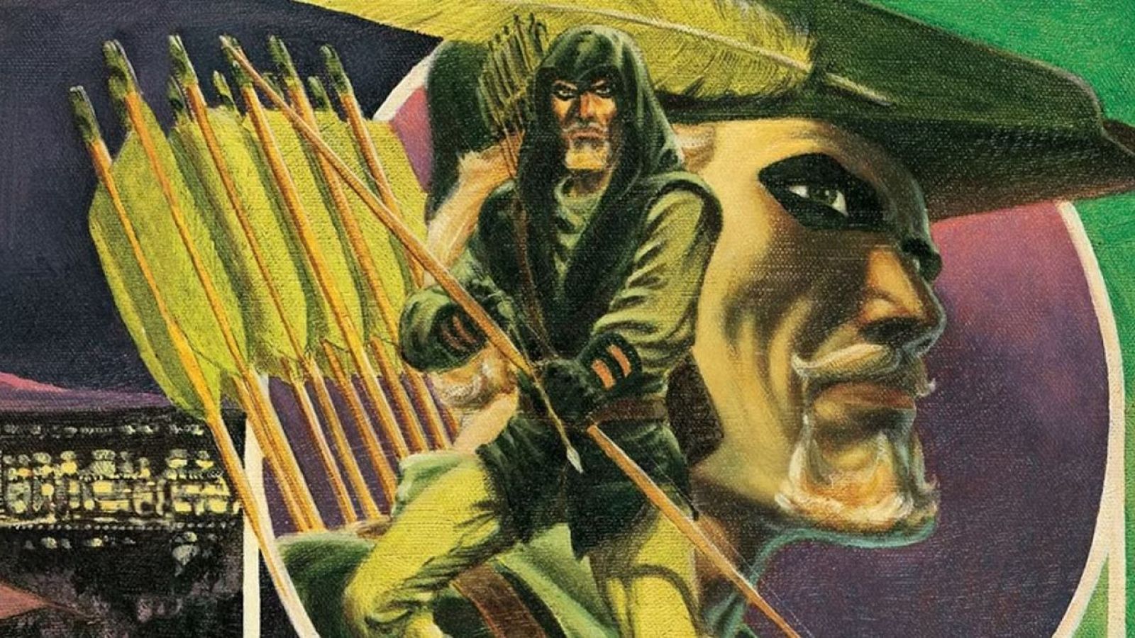 En la portada de un cómic, un superhéroe con traje verde y capucha tensa un arco con una flecha. A su espalda, un carcaj lleno de flechas se destaca, mientras que una ciudad iluminada se vislumbra al fondo.