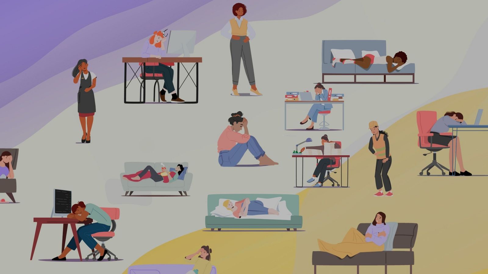 La ilustración presenta a mujeres en diferentes situaciones, algunas en el trabajo y otras en casa, todas mostrando signos de dolor y malestar, con expresiones faciales que reflejan sufrimiento y cansancio.
