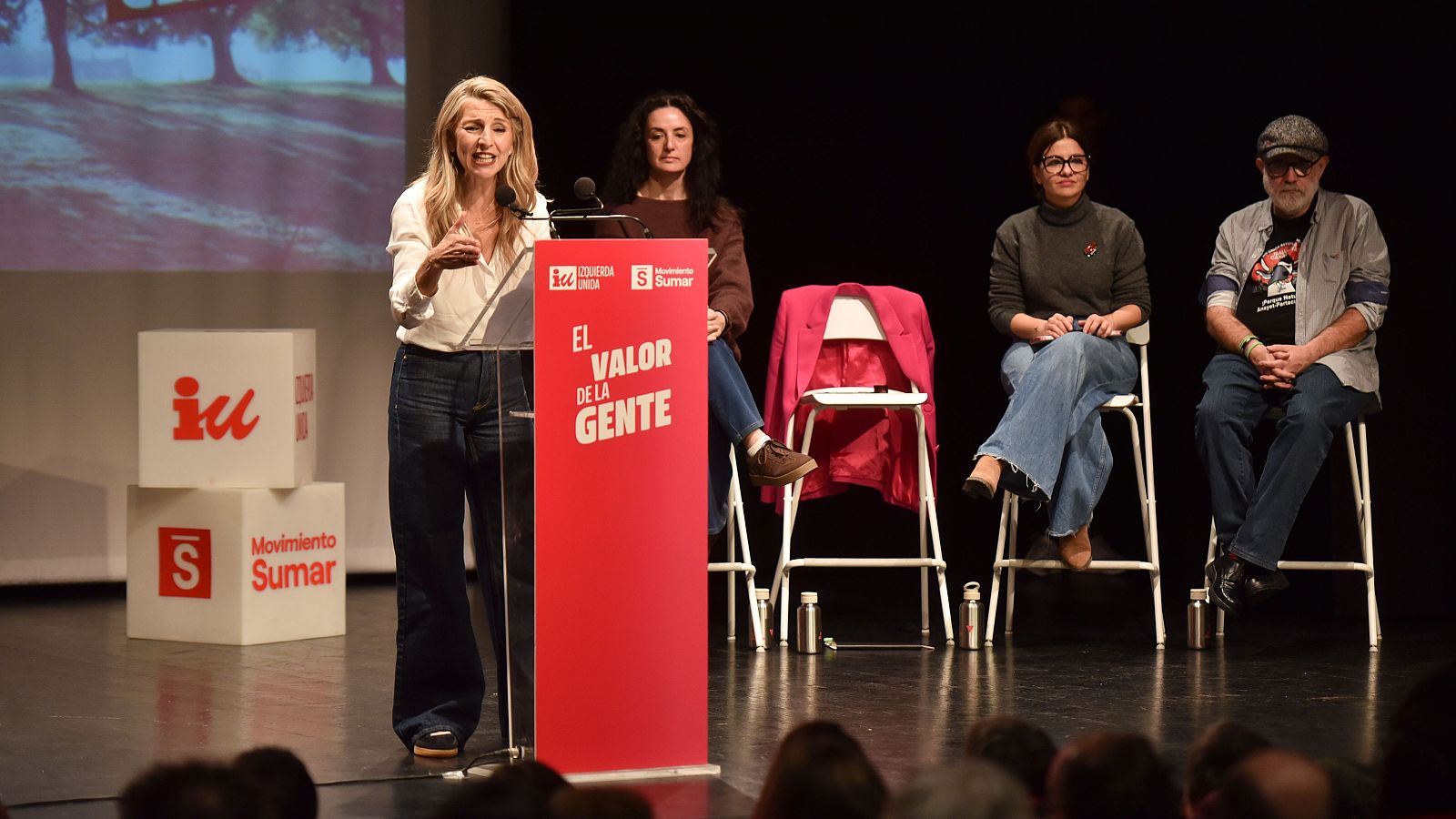 La vicepresidenta segunda del Gobierno y ministra de Trabajo y Economía Social, Yolanda Díaz, en un acto de campaña en Aragón.