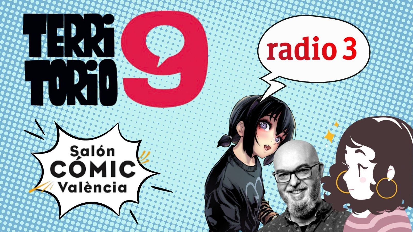 Una imagen de estilo cómic anuncia un evento. Se distinguen varios personajes, incluyendo un hombre con barba y gafas, y dos figuras femeninas con estilos de dibujo diferentes. El texto "Territorio 9" y "Salón COMIC València" son prominentes.