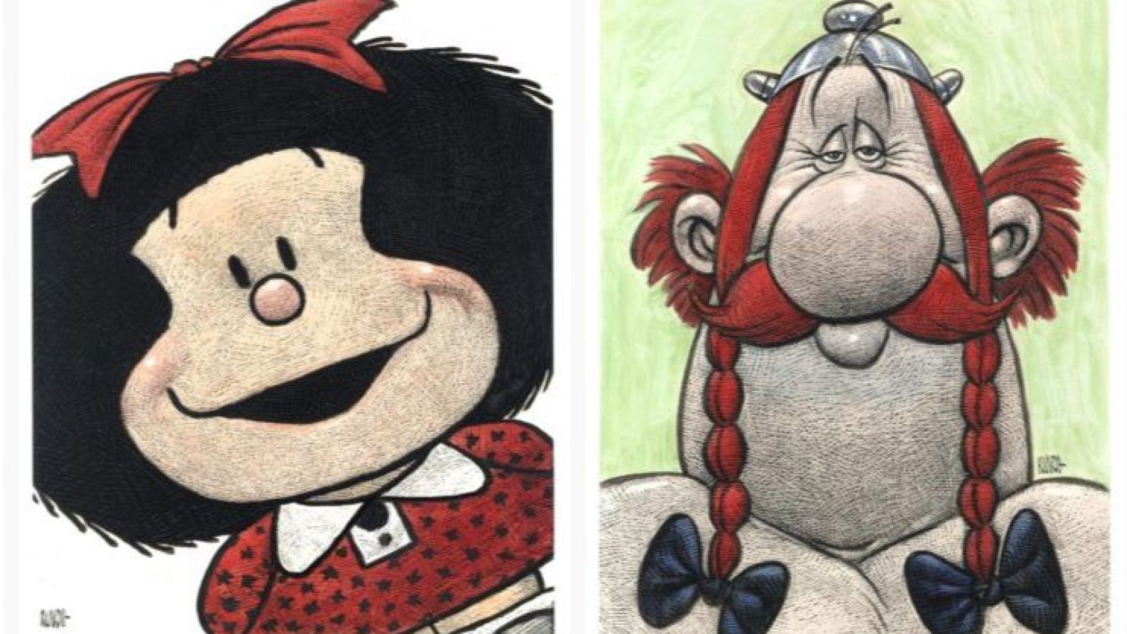 Dos personajes de cómic, Mafalda y Obélix, son representados en un estilo de dibujo diferente al original. Mafalda luce un vestido rojo y Obélix un lazo azul.