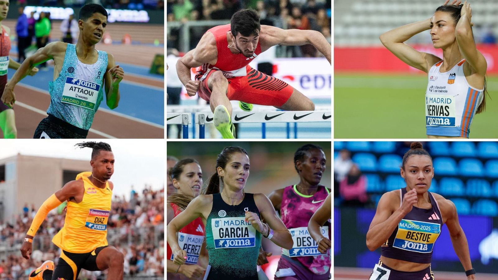Figuras del atletismo para el Campeonato de España en pista cubierta de Valencia 2026: de izquierda a derecha y arriba abajo: