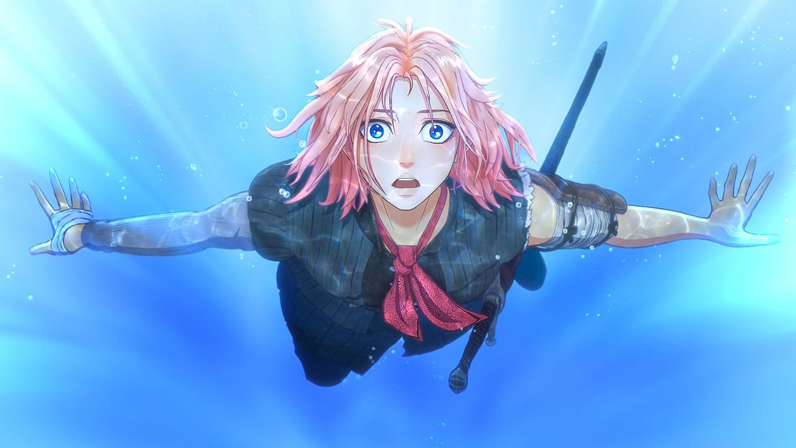 Una joven con cabello rosa y ojos azules nada en agua clara, con una expresión de sorpresa y una espada en la espalda, vestida con una blusa oscura y una corbata roja.