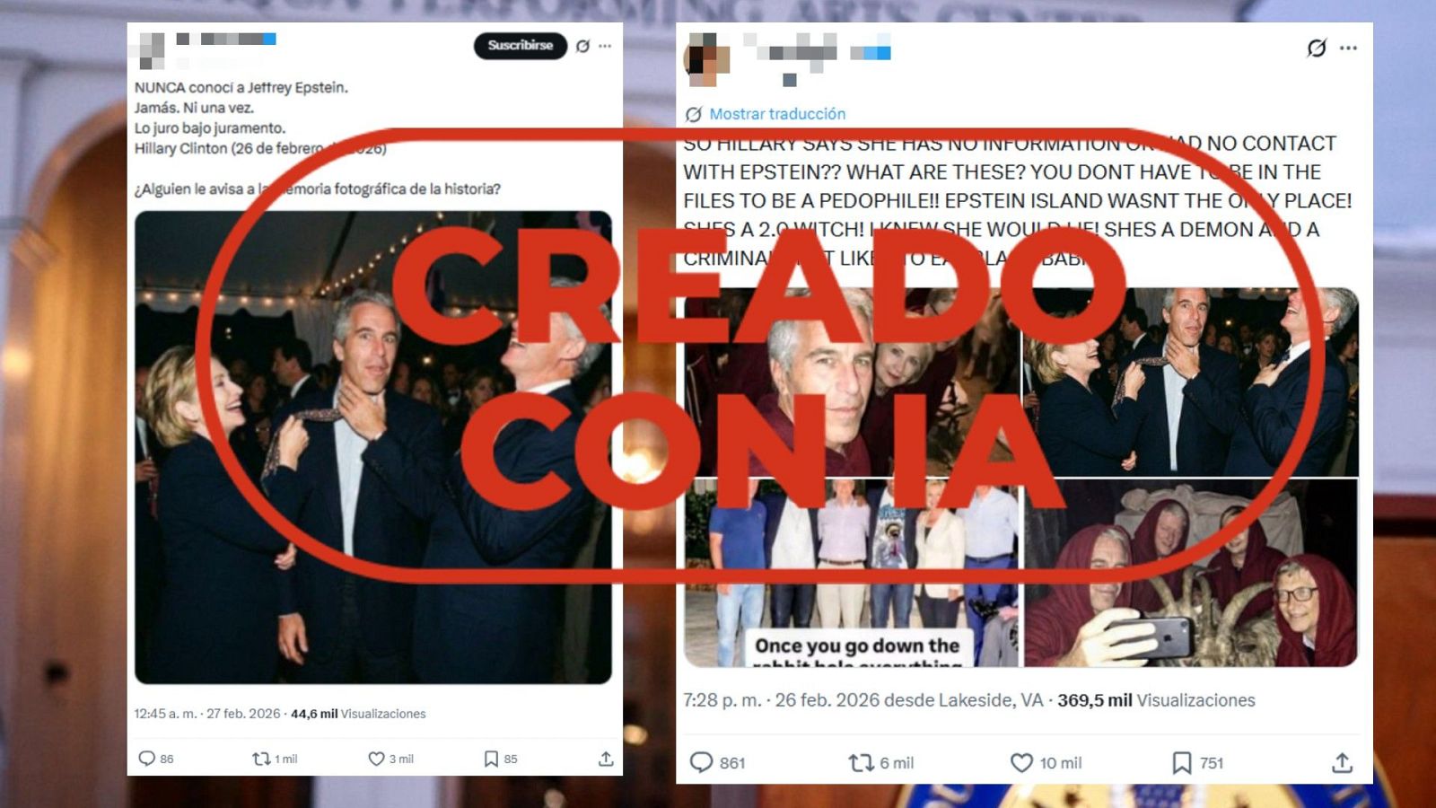 No son fotos reales de Hillary Clinton y Bill Clinton con Jeffrey Epstein, es IA