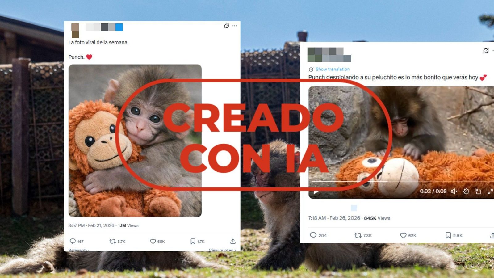 No son imágenes reales del mono Punch con su peluche, están creadas con IA