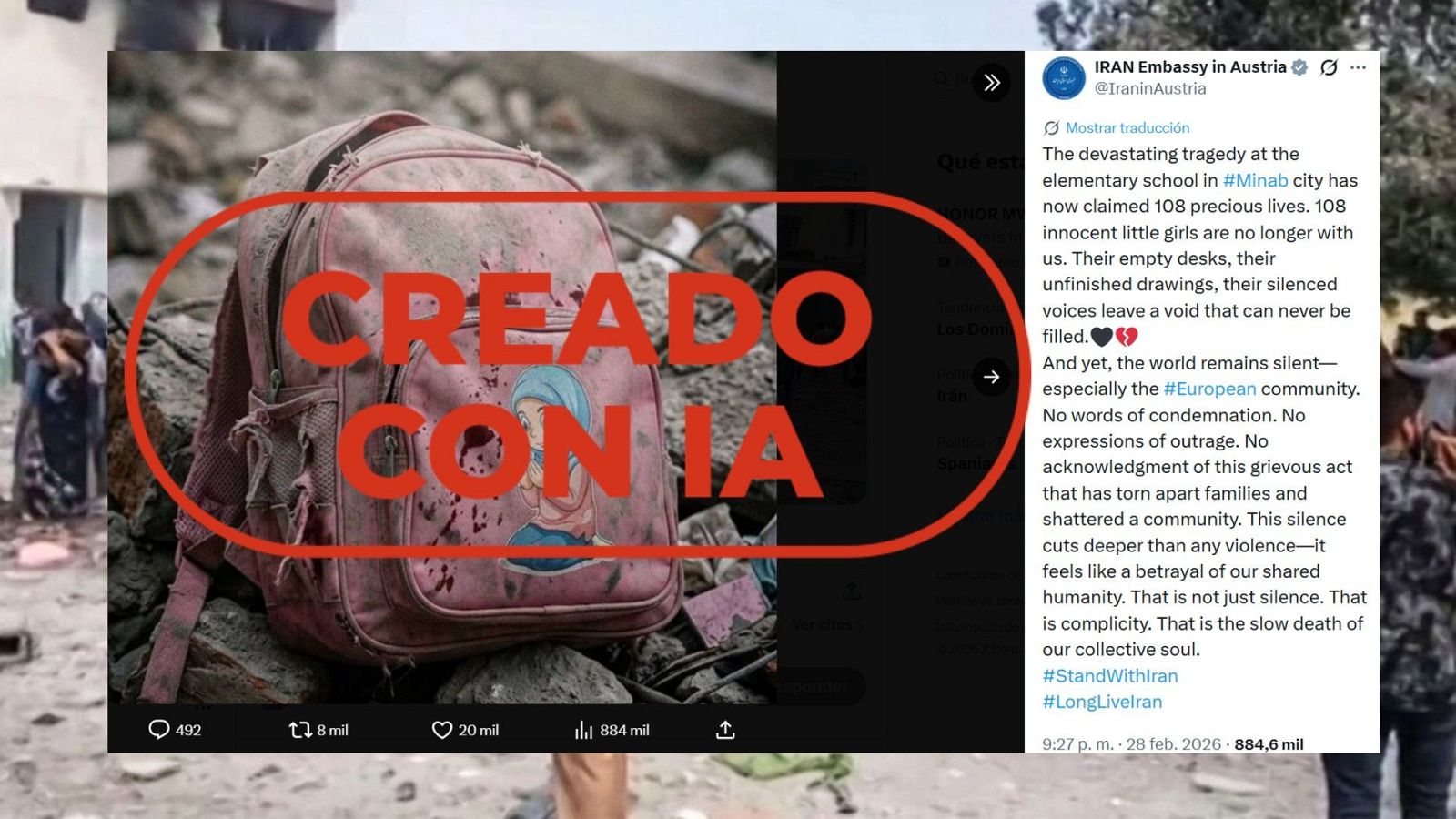Esta foto de una mochila con sangre es falsa, está creada con IA