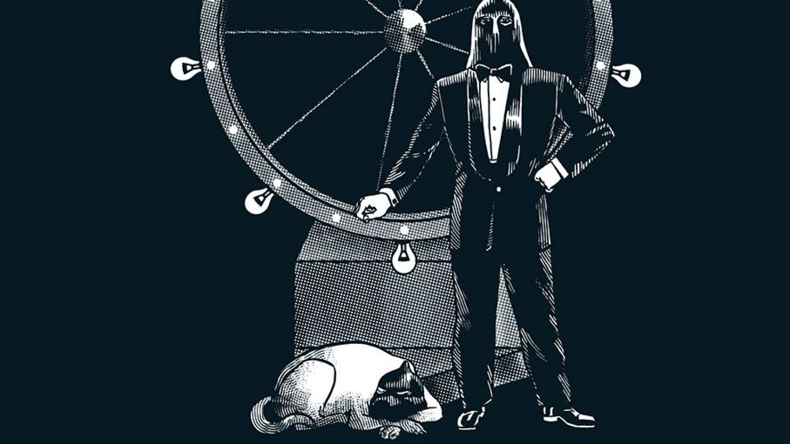 En la portada de un cómic, un personaje enmascarado con esmoquin se apoya en una rueda de la fortuna iluminada, mientras un gato descansa plácidamente.