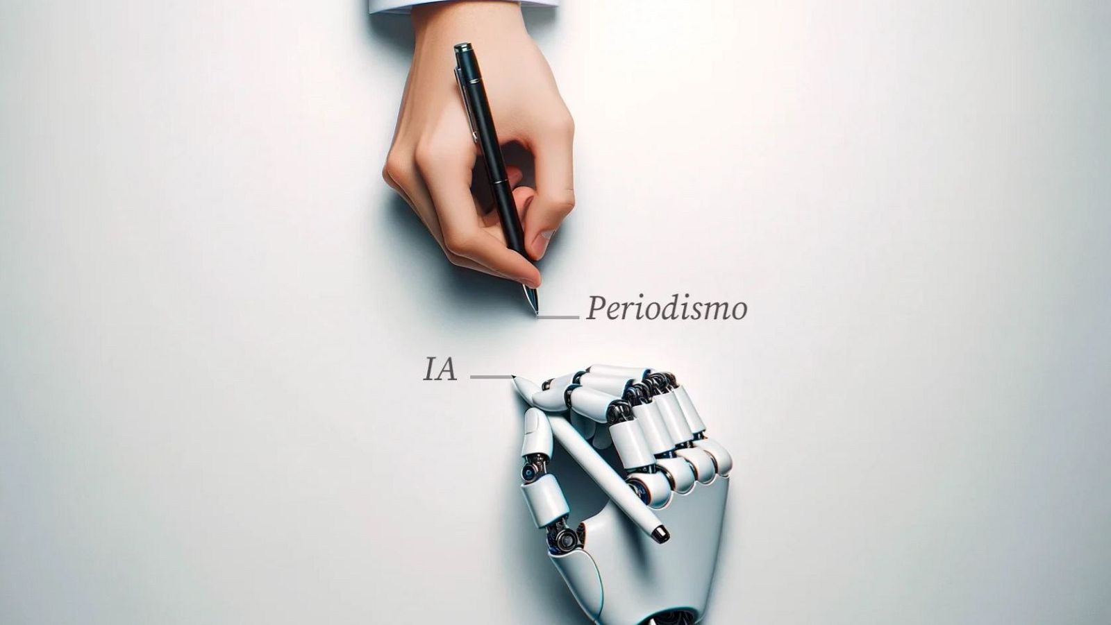 Una imagen muestra la interacción entre una mano humana y una robótica, ambas escribiendo sobre una superficie. La mano humana escribe "Periodismo" con un bolígrafo negro, mientras que la robótica escribe "IA" con uno plateado.