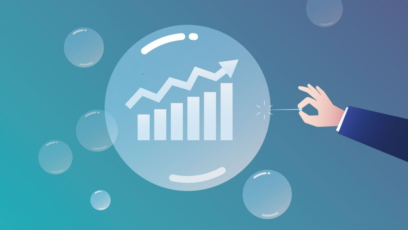 En un fondo azul, una burbuja transparente contiene un gráfico de barras en ascenso. Una mano con traje, empuñando un alfiler, se acerca a la burbuja principal, sugiriendo una acción inminente.