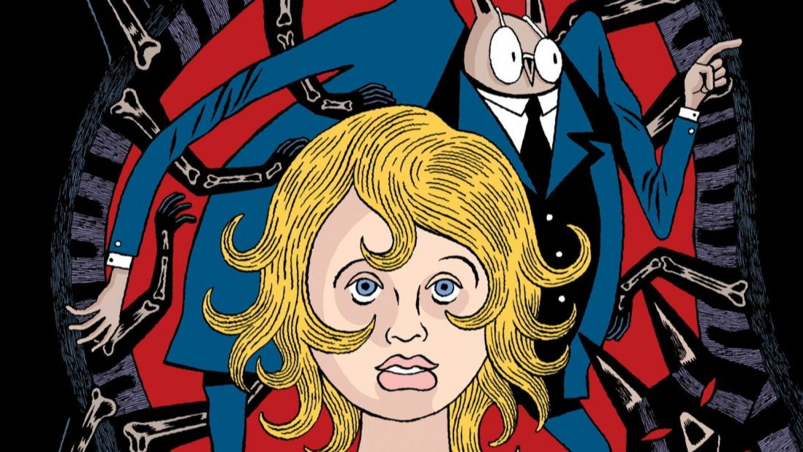 En la portada de un cómic, una niña rubia y un personaje con cabeza de búho comparten el protagonismo. El fondo oscuro y las figuras esqueléticas sugieren un ambiente misterioso y peligroso.