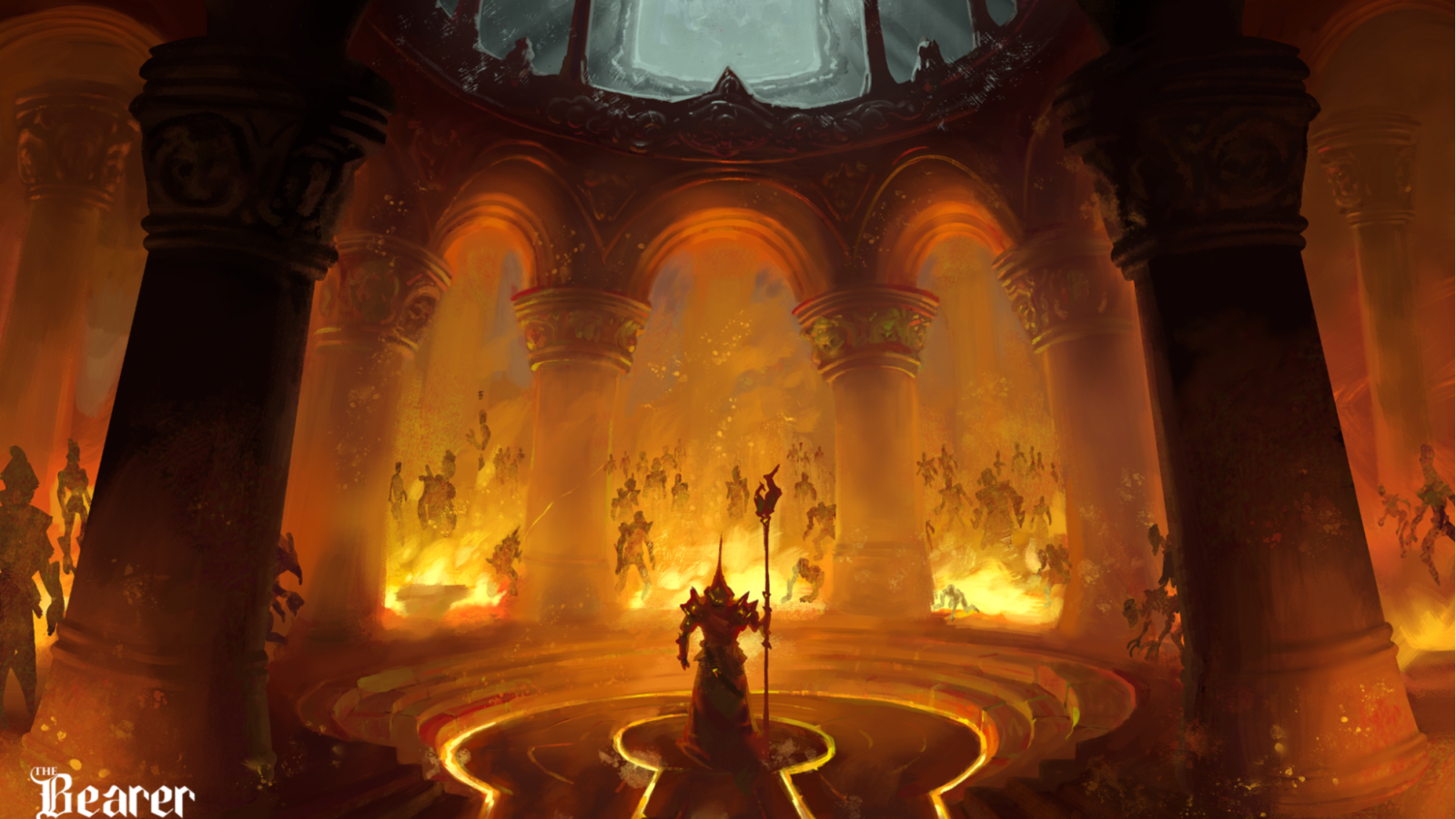En el centro de una cúpula, un guerrero con armadura y báculo se encuentra sobre una plataforma circular, rodeado de figuras en llamas y columnas. La iluminación cálida crea una atmósfera épica.