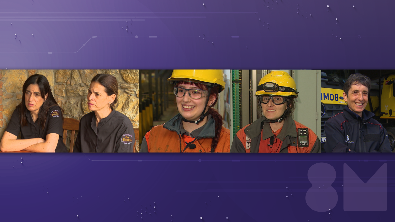 Cinco mujeres posan para la foto. Dos de ellas visten camisas oscuras con un logo, mientras que las otras tres llevan cascos de seguridad amarillos y ropa de trabajo, incluyendo chalecos y chaquetas.