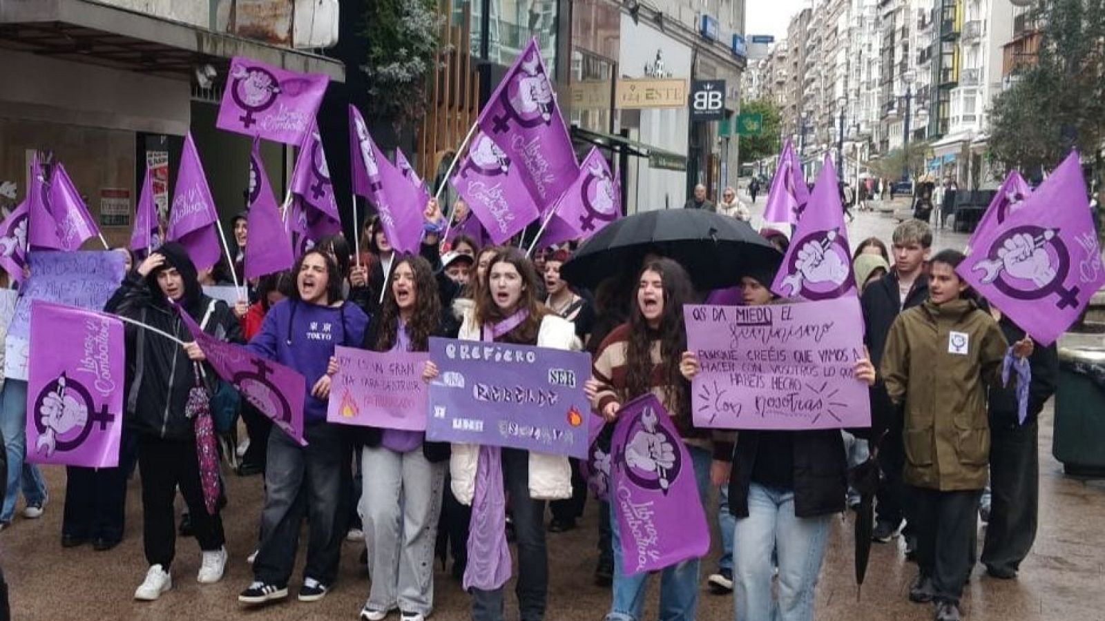 En una calle de Santander, un grupo de estudiantes, en su mayoría mujeres, se manifiesta durante el 8M, Día Internacional de la Mujer, portando banderas y pancartas con mensajes feministas y reivindicativos.