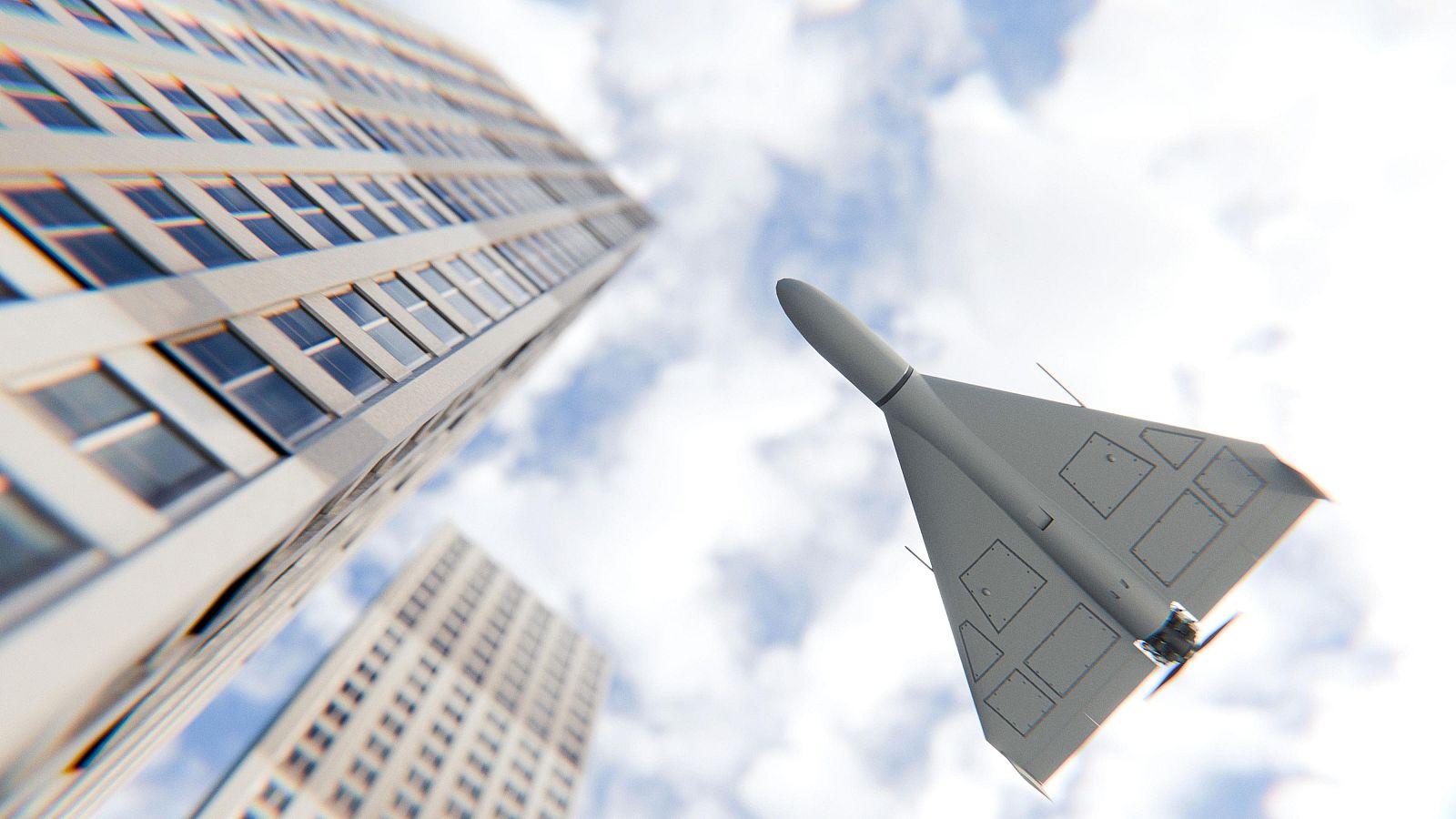 Dron kamikaze militar vuela bajo entre los modernos rascacielos de las ciudades