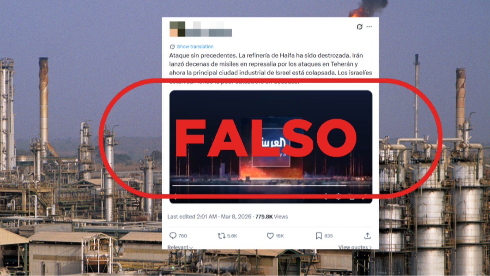 No es una refinería en llamas en Haifa (Israel), es Teherán
