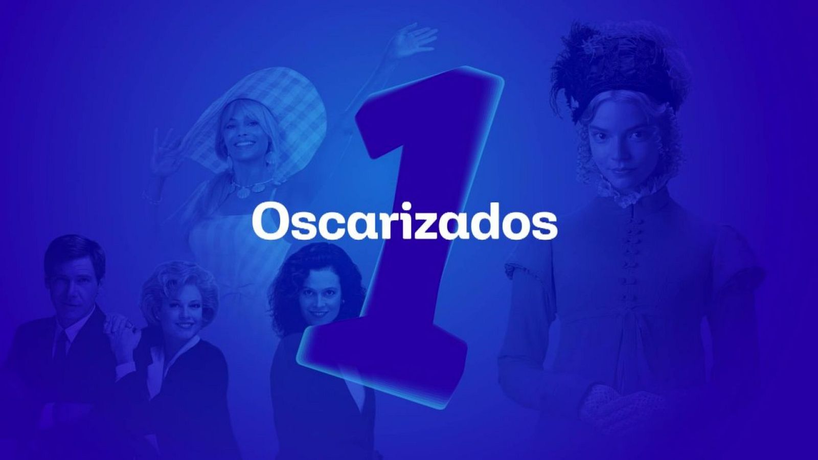 Promoción del programa "Oscarizados" de La 1, con el número "1" azul como elemento central y el título del programa en letras blancas. Se muestran imágenes de actores y actrices en un fondo azul.