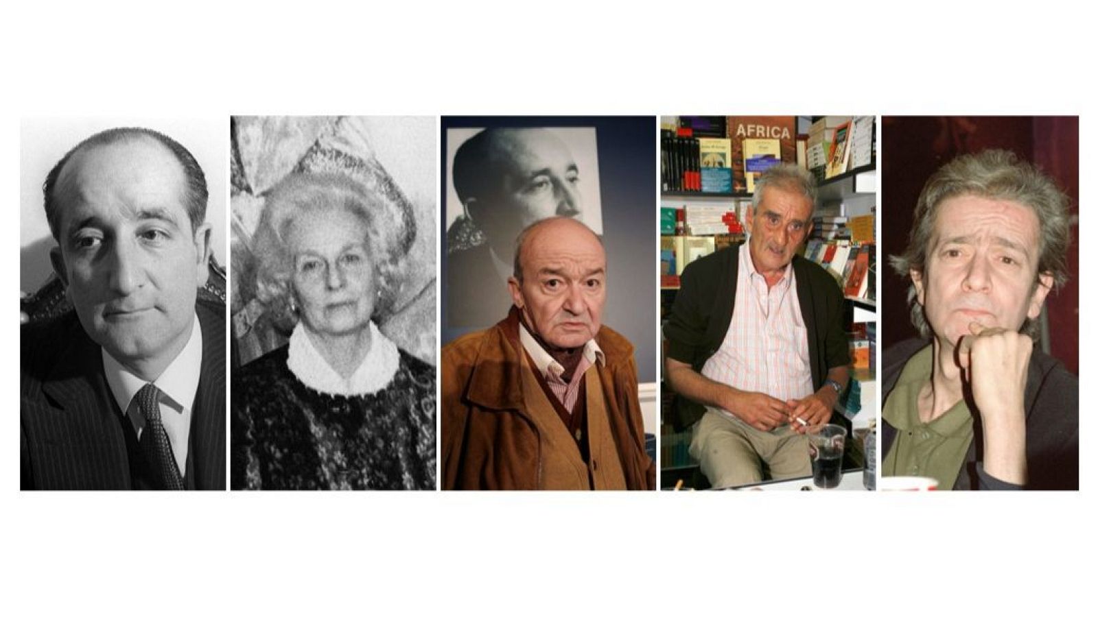 Una fotografía familiar muestra a los Panero: Leopoldo, Felicidad, Leopoldo María, Juan Luis y Michi. Cada uno presenta una vestimenta distinta, con detalles como trajes, vestidos, cárdigans y camisas.