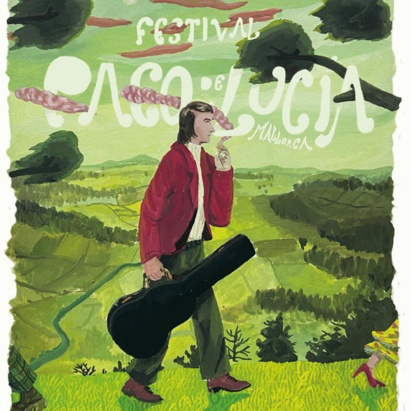 El cartel del festival muestra una figura masculina con vestimenta colorida, sosteniendo una funda de guitarra y un cigarrillo, con un paisaje natural de fondo. En la parte superior se lee el nombre del festival.