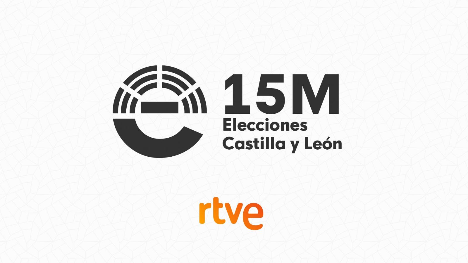 Un diseño gráfico en fondo blanco muestra un logotipo negro en forma de "C" y el texto "15M Elecciones Castilla y León". En la parte inferior, se encuentra el logotipo de "rtve" en degradado naranja.