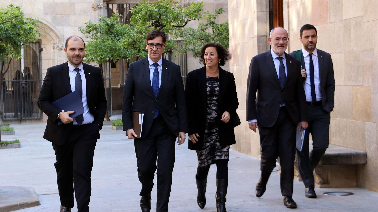 El president Salvador Illa i els consellers Albert Dalmau, Alícia Romero, Jaume Duch i el secretari general d’Empresa, Pol Gibert | ACN