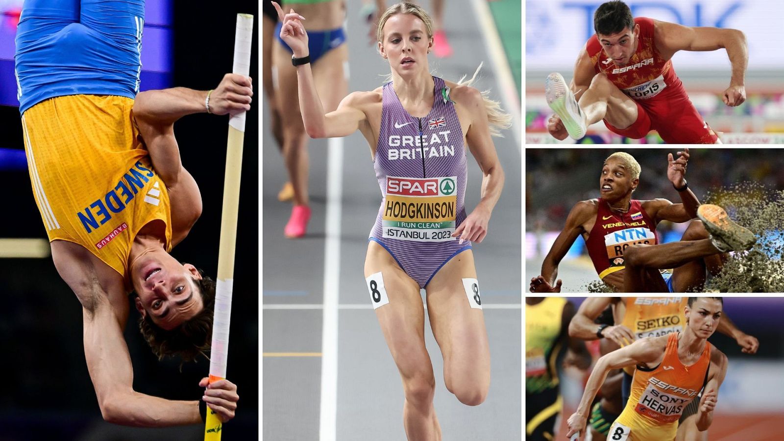 Mondo Duplantis (izquierda), Keely Hodgkinson (centro), Quique Llopis, Yulimar Rojas y Blanca Hervás (a la derecha, de arriba abajo), algunos atractivos del Mundial de atletismo en pista cubierta de Torun 2026