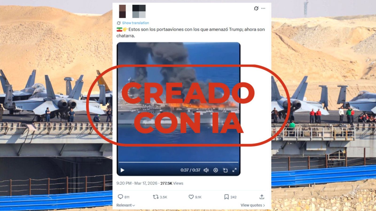 Bulo: El portaaviones de Trump ardiendo por ataque de Irán está creado con IA