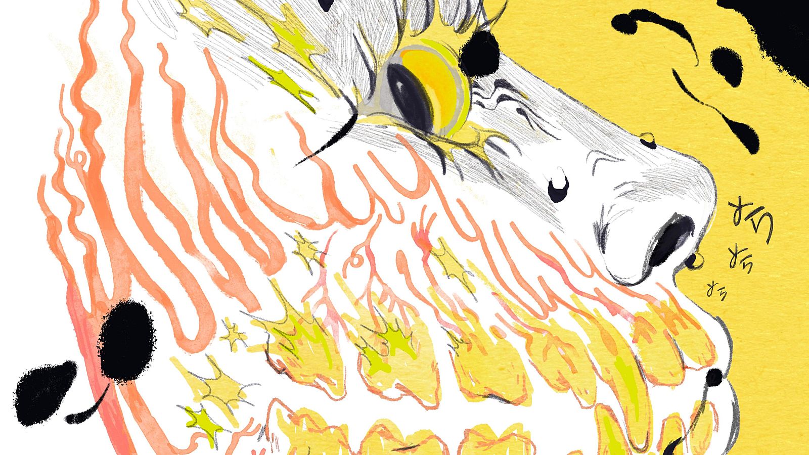 Rostro distorsionado con ojo amarillo intenso sobre fondo amarillo. Formas onduladas naranjas y amarillas, como llamas, cubren parte del rostro.  Estética surrealista e inquietante.