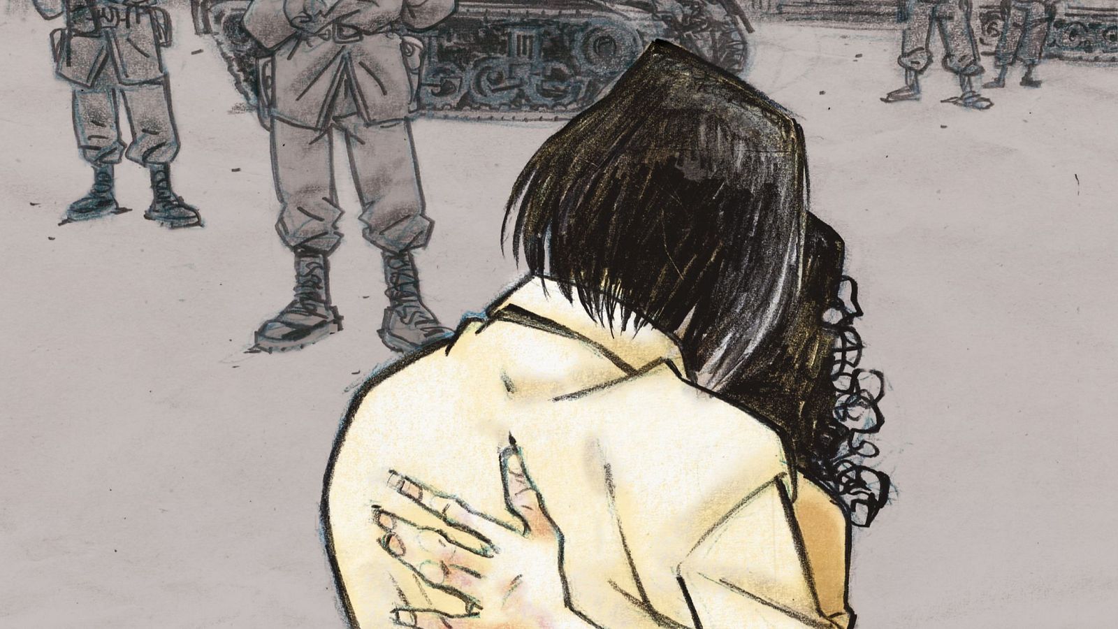 En primer plano, una pareja se abraza; uno de ellos, de espaldas, con cabello oscuro y camisa clara, muestra manos con heridas. Al fondo, se intuyen figuras de soldados y un tanque, evocando un contexto de conflicto.