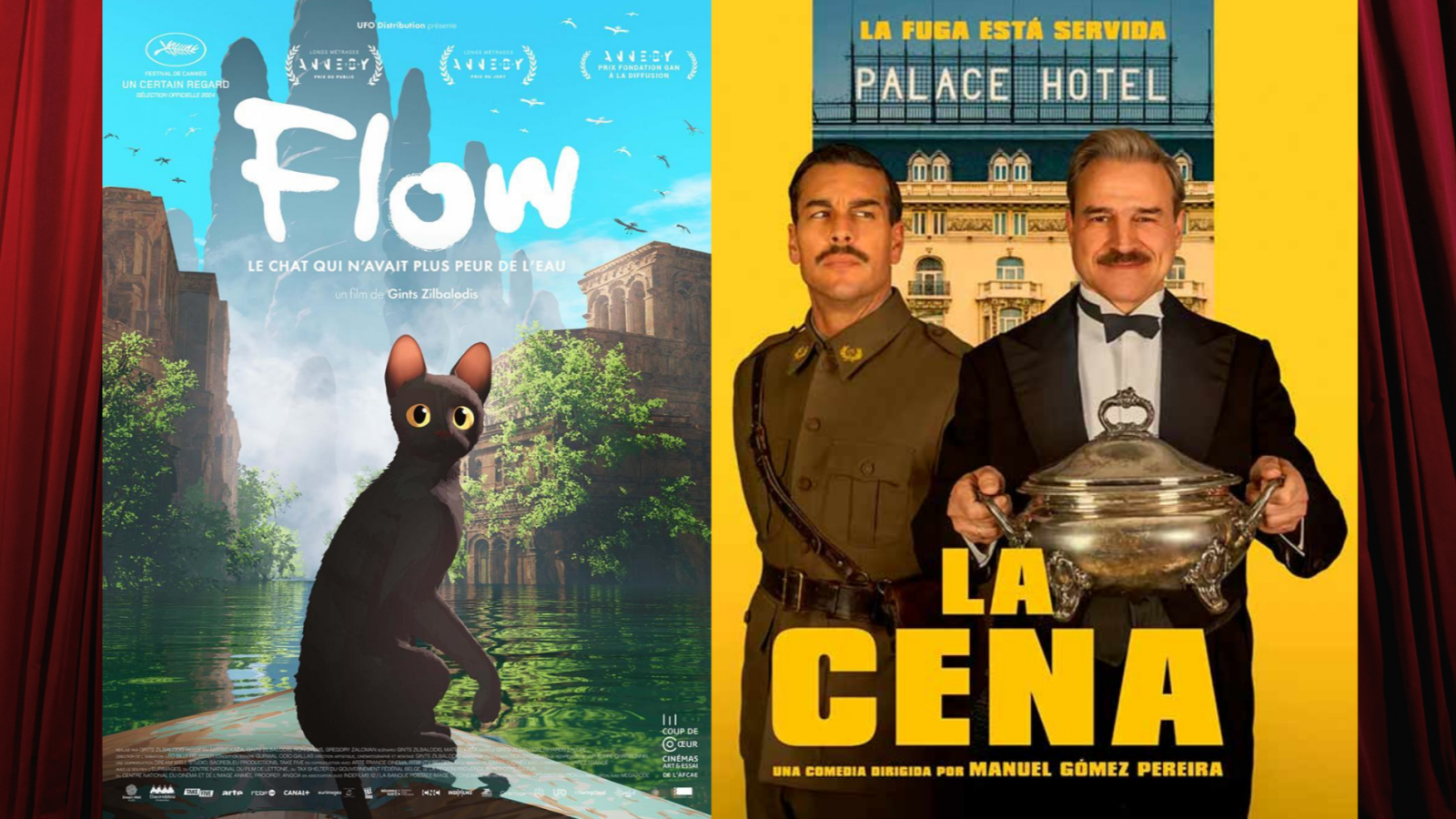 Dos carteles de películas se muestran: uno de animación con un gato y otro con dos hombres, uno en uniforme y otro en esmoquin, sosteniendo una sopera. Ambos carteles presentan títulos y créditos.