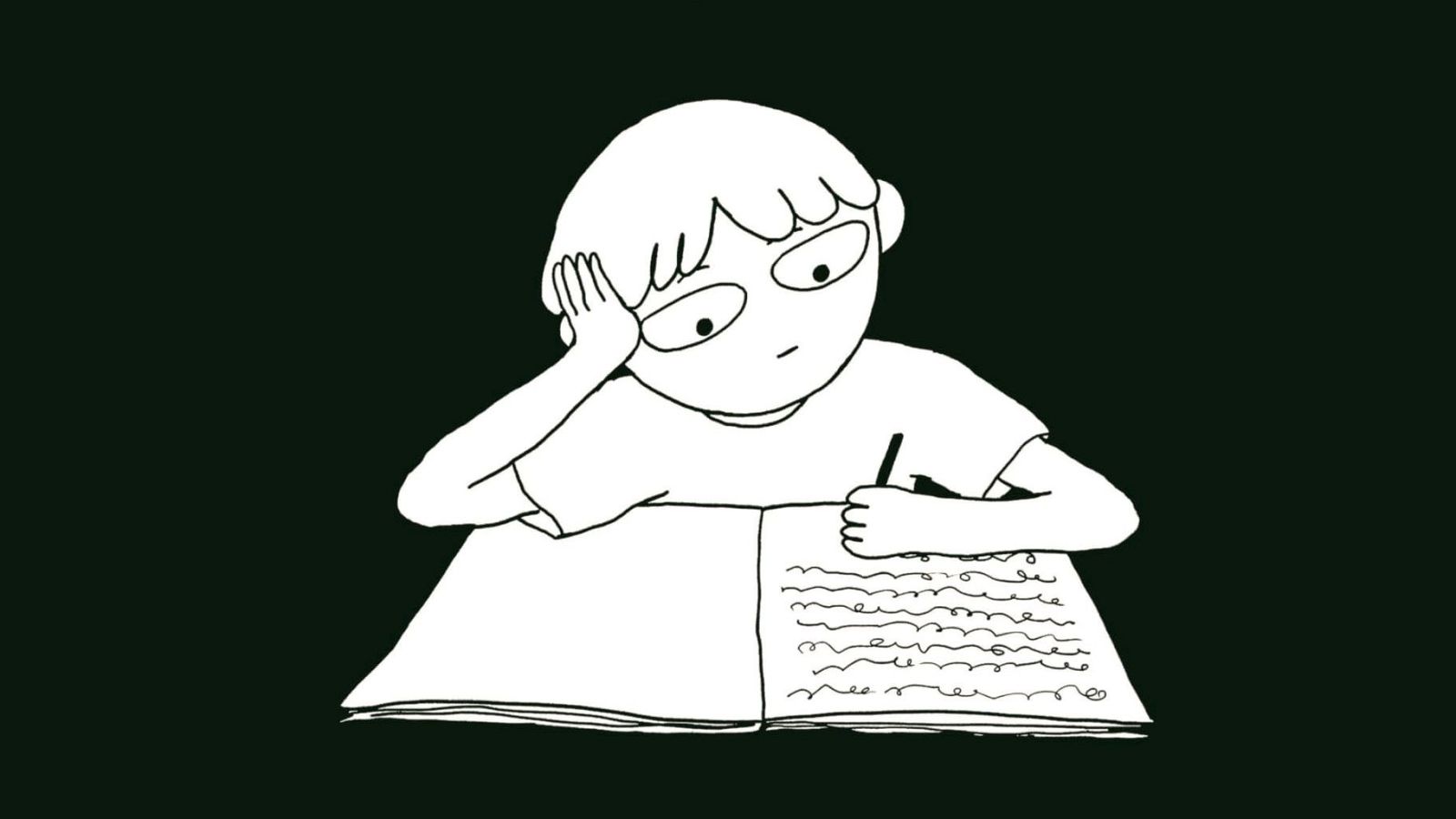 Un dibujo en blanco y negro muestra a un niño pensativo, apoyando la cabeza en una mano mientras escribe en un libro abierto, sobre un fondo oscuro.