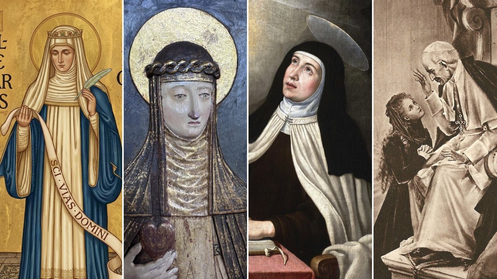 Cuatro figuras femeninas, cada una con un halo dorado, son representadas en diferentes poses y vestimentas. Algunas sostienen objetos como plumas y pergaminos, mientras que otras miran hacia arriba o interactúan con otras figuras.