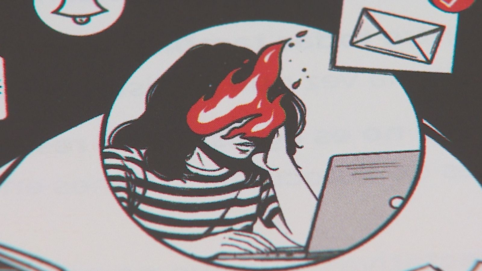 Una persona con cabello oscuro y camiseta a rayas, sentada frente a un portátil, con el rostro cubierto por llamas rojas, simboliza el agotamiento y el estrés, con iconos de notificación y correo electrónico en la parte superior.