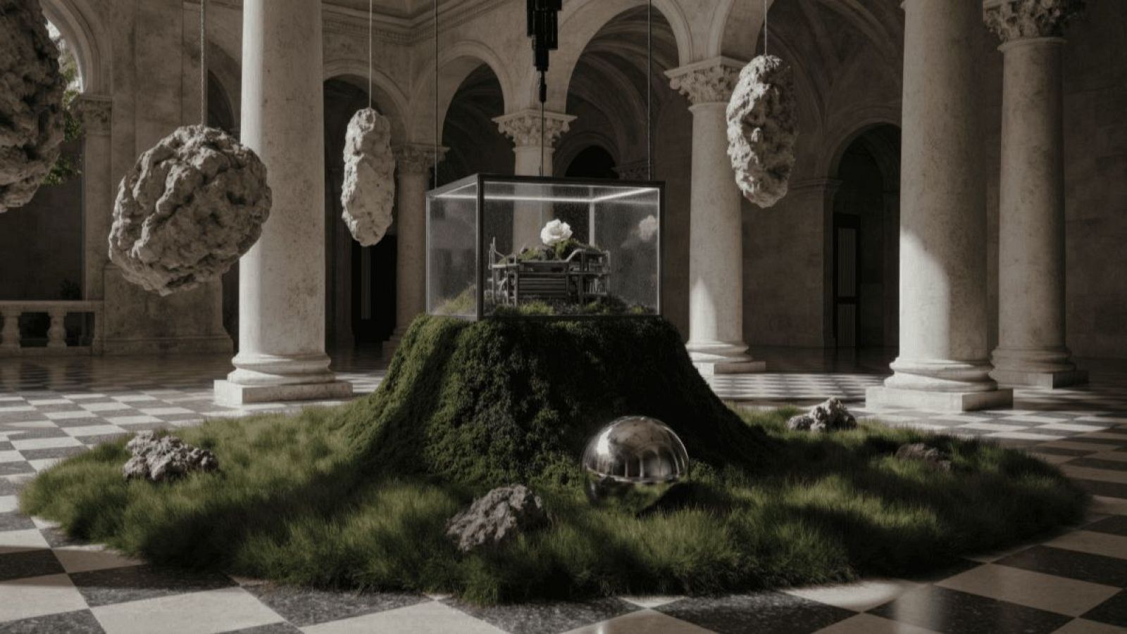 Un espacio interior de arquitectura clásica con columnas y suelo ajedrezado, donde una colina cubierta de vegetación sostiene una estructura metálica con una flor dentro de una caja de cristal, y del techo cuelgan rocas.