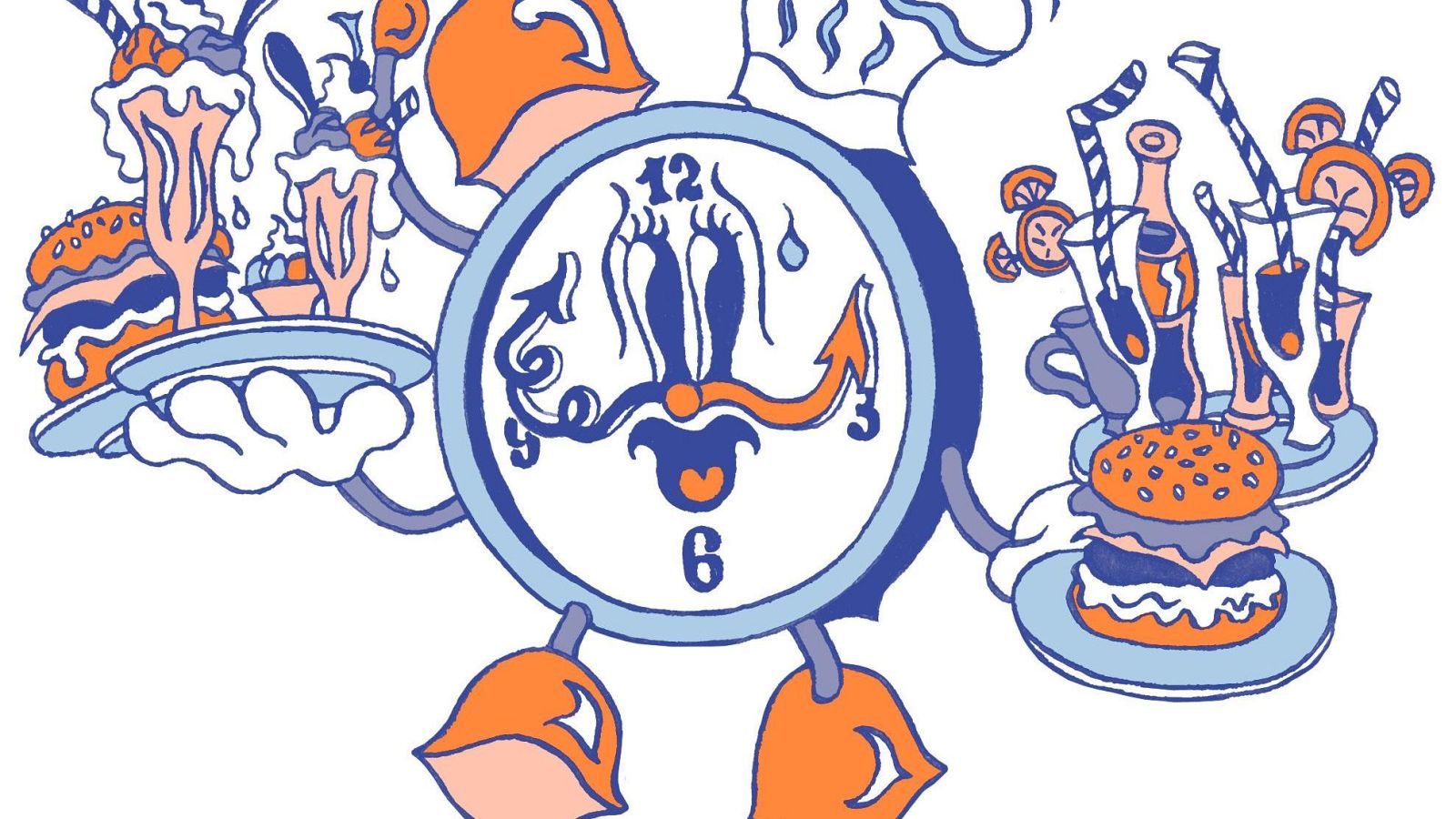 En la portada de un cómic, un reloj con rostro humano y manecillas que marcan una hora no especificada, se encuentra rodeado de comida y bebida, como hamburguesas y batidos, todo dibujado con un estilo de cómic europeo.