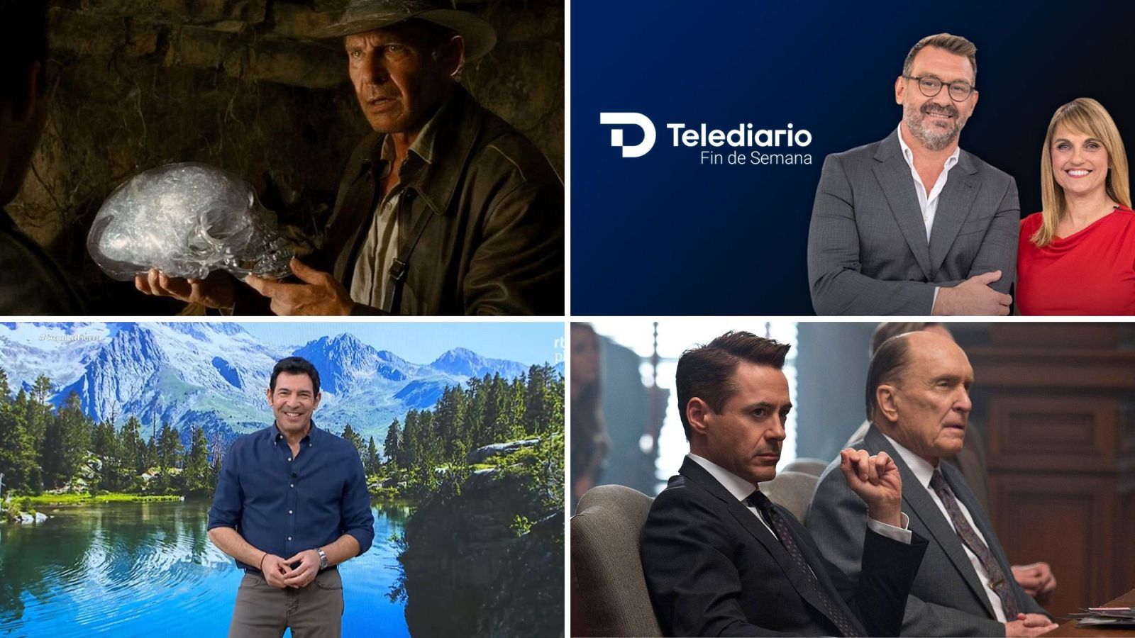 Un montaje dividido en cuatro secciones presenta a Harrison Ford como Indiana Jones, el logo de "Telediario Fin de Semana" con dos presentadores, Martín Barreiro y Robert Downey Jr. con otro actor.