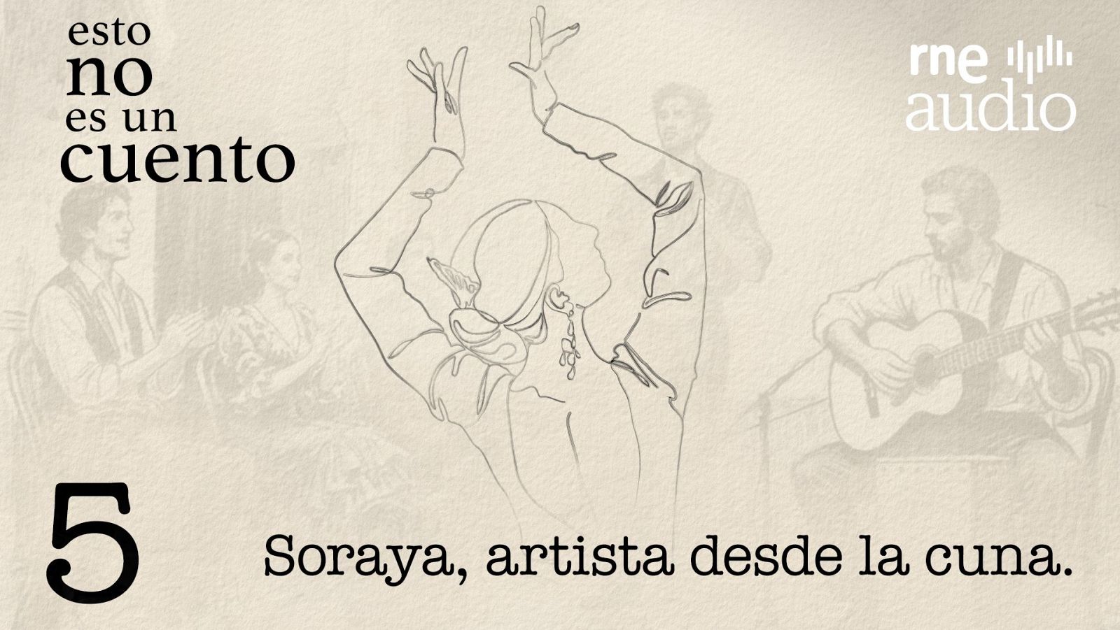 Ilustración de una bailaora de flamenco con los brazos levantados, posiblemente Soraya Ramírez, con un pendiente largo, acompañada por siluetas de un guitarrista y público, promocionando un programa de radio.