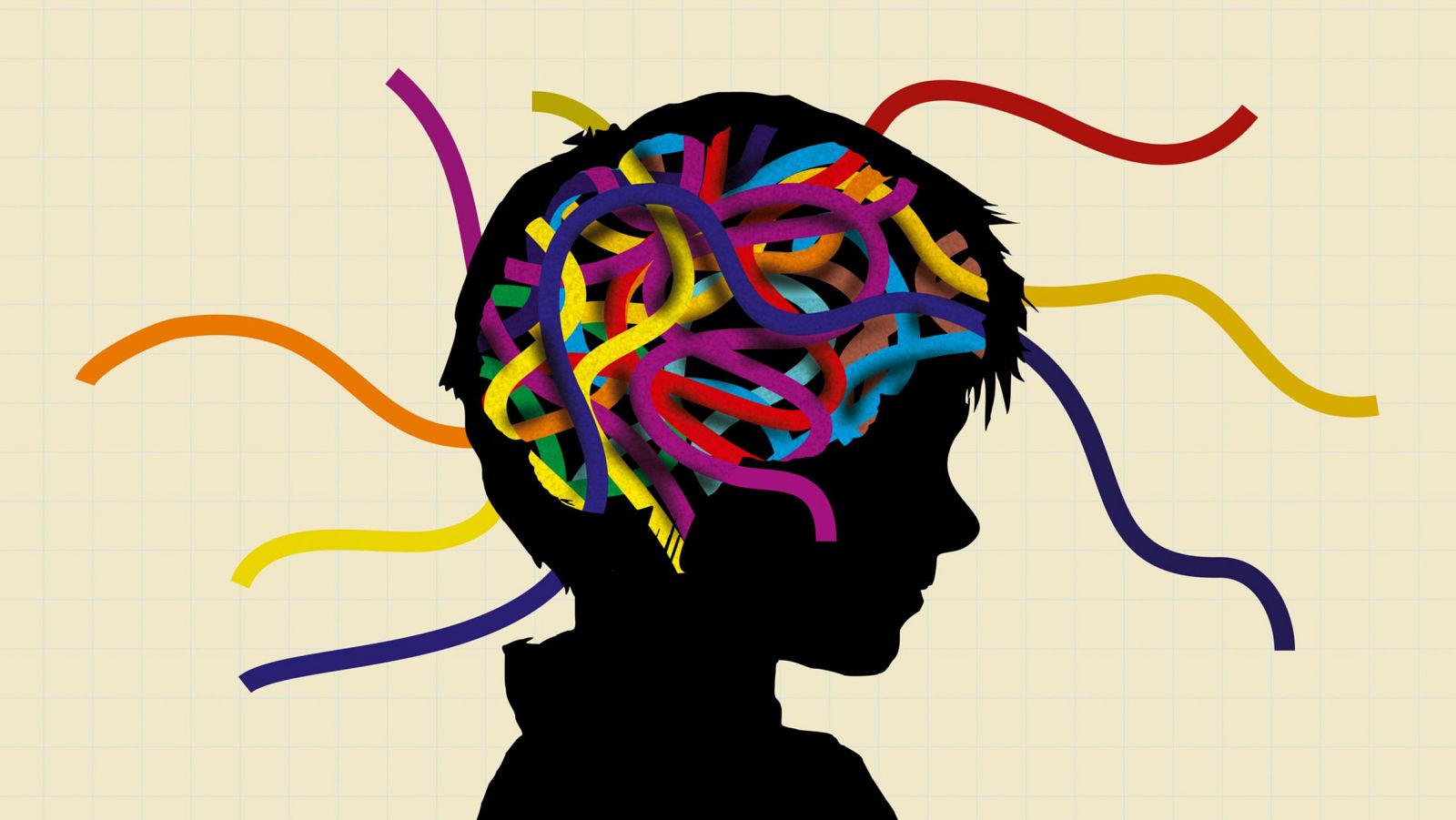 Una silueta negra de un niño de perfil muestra el interior de su cabeza lleno de líneas coloridas y entrelazadas, que representan el cerebro y sus conexiones neuronales, con algunas líneas extendiéndose hacia afuera.