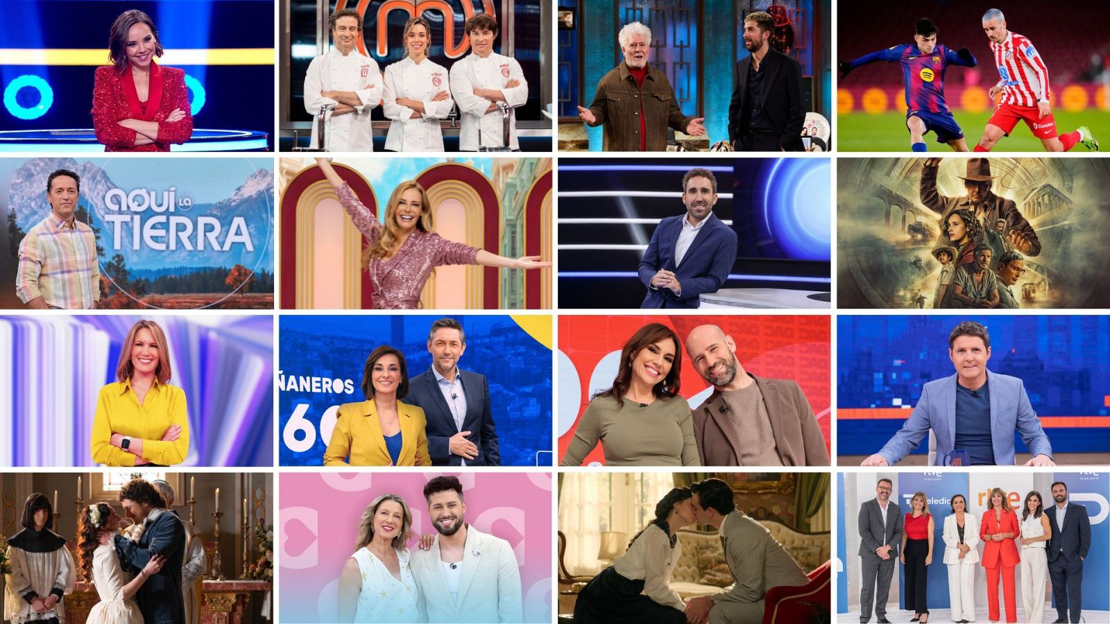 Montaje televisivo que muestra una variedad de programas de La 1, incluyendo presentadores, jueces de MasterChef, partidos de fútbol y escenas de series. Se aprecian diferentes platós y promociones de programas.