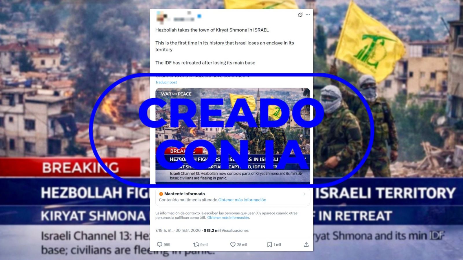 No es un informativo real contando que Hizbulá ha tomado la ciudad israelí de Kiryat Shmona, es IA