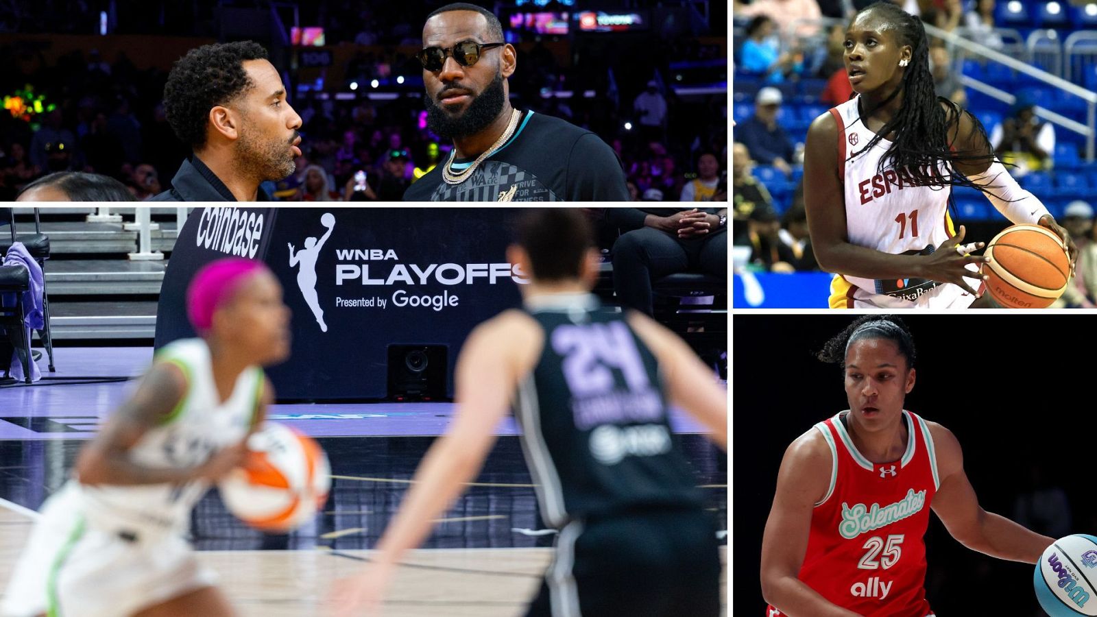 Fotocomposición con imágenes de Maverick Carter y Lebron James, Awa Fam, Alyssa Thomas y un partido de la fase final de la WNBA, en el sentido de las agujas del reloj desde arriba a la izquierda