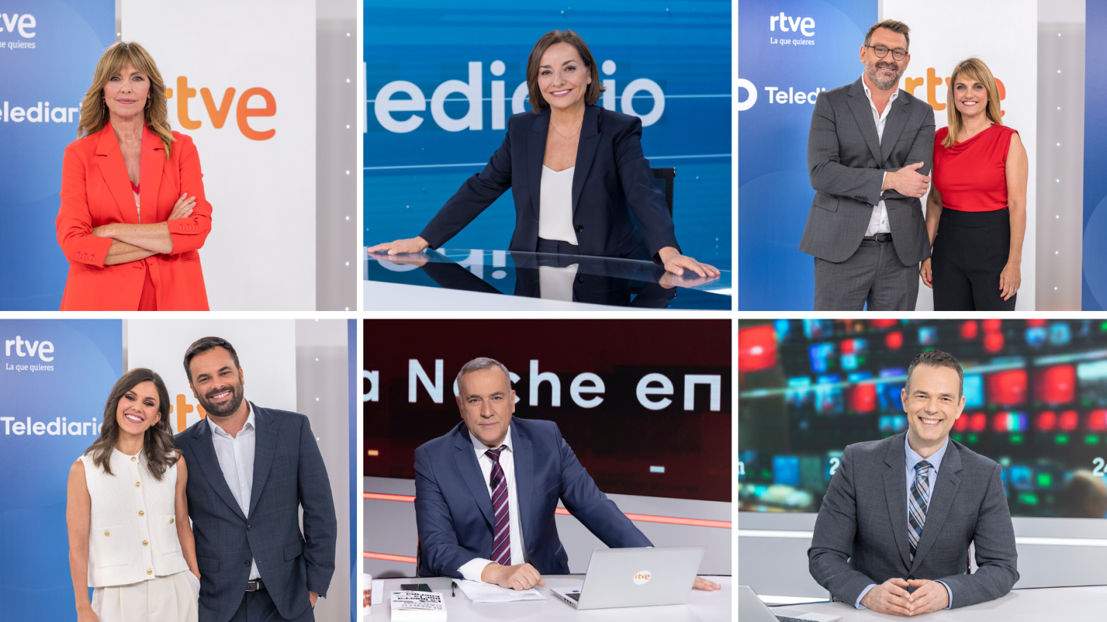 Un montaje fotográfico presenta a presentadores de televisión en diferentes escenarios. Se observan personas vestidas con trajes y chaquetas, posando en platós con logos y textos relacionados con programas informativos.