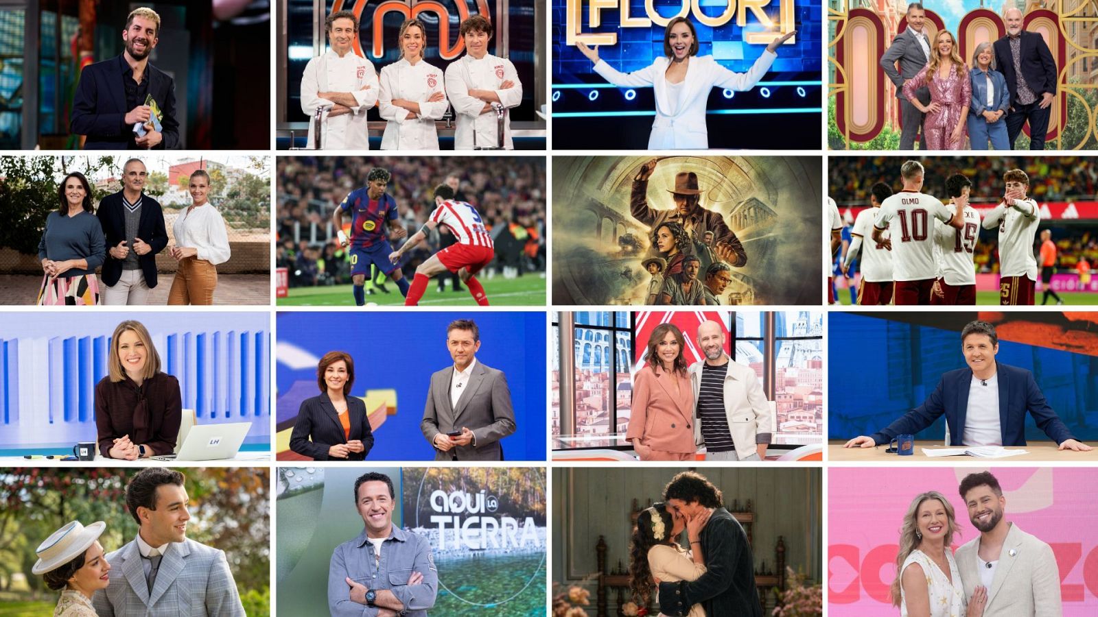 El montaje fotográfico incluye diversas imágenes de programas de televisión, con presentadores, concursantes y escenas variadas. Se observan imágenes de cocina, deportes, series y eventos especiales, como bodas, mostrando la diversidad de la programación.