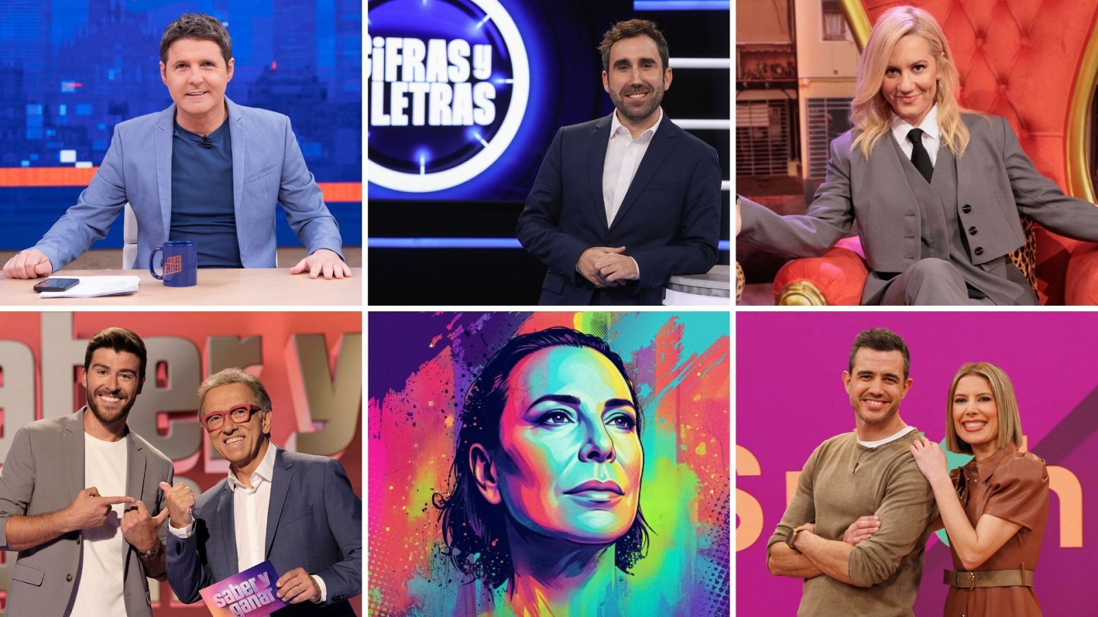 Un montaje publicitario de La 2 muestra a varios presentadores y programas. Entre ellos, se distinguen Roberto Leal, Christian Gálvez, Elena S. Sánchez, Jordi Hurtado y Marc Calderó, junto a imágenes promocionales de "Cifras y Letras" y "Saber y Ganar".