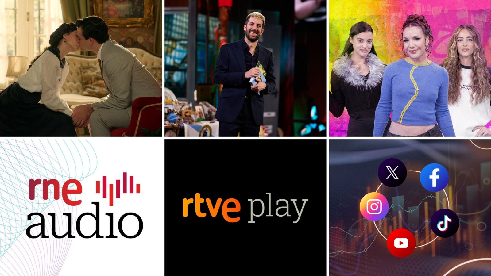 Un collage de RTVE muestra diversas imágenes: una pareja besándose, un hombre con un premio en un estudio, tres mujeres posando, logotipos de "rne audio" y "rtve play", y los iconos de redes sociales.